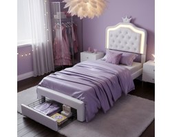 ADFBL Prinsessenbed Wit 90x200 cm - Gecapitonneerd Kinderbed met LED & Lade | PU Leer