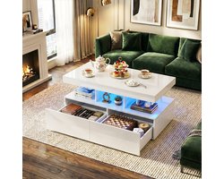 ADFBL Salontafel Hoogglans Wit 104x53 cm - Moderne Tafel met Slimme LED (App & Remote) & 2 Lades | Opbergruimte