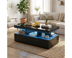 ADFBL Salontafel Hoogglans Zwart 104x53 cm - Moderne Tafel met Slimme LED (App & Remote) & 2 Lades | Opbergruimte