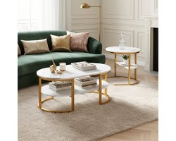 ADFBL Salontafel Set Goud (Set van 2) - Ovale & Ronde Tafel Marmerlook | Moderne Koffietafels met Opbergplank