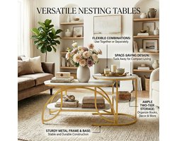 ADFBL Salontafel Set van 2 Goud - Ovaal & Rond Marmerlook - Nesting Tables met Dubbele Opbergruimte