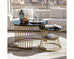 ADFBL Salontafel Set van 2 Rond - Goud & Zwart Marmerlook | Nesting Koffietafels met Opbergruimte