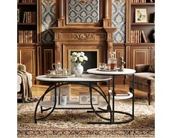 ADFBL Salontafel Set van 2 Zwart - Ovaal & Rond Marmerlook - Nesting Tables met Dubbele Opbergruimte