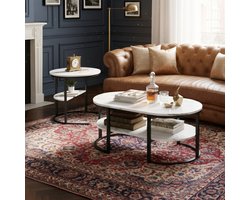 ADFBL Salontafel Set Zwart (Set van 2) - Ovale & Ronde Tafel Marmerlook | Industriële Koffietafels met Opbergplank