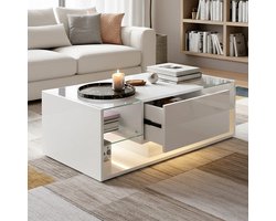 ADFBL Salontafel Wit Hoogglans 100x50 cm - Design Koffietafel met RGB LED & Lade | App & Remote Control