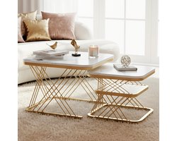 ADFBL Salontafelset Vierkant Goud - Set van 2 Nesting Tafels Marmerlook | Koffietafel met Opbergplank Modern