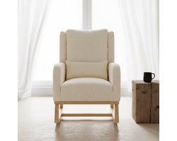 ADFBL Schommelstoel Linnen Beige - Comfortabele Fauteuil voor Babykamer | Houten Relaxstoel met Hoge Rug