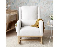 ADFBL Schommelstoel Teddy Stof Wit - Relax Fauteuil voor Babykamer & Woonkamer | Houten Relaxstoel met Kussen