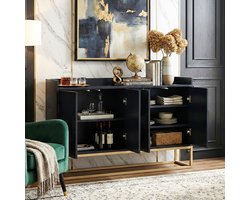 ADFBL Smal Dressoir 120x30 Zwart - Greeploos Sideboard met 4 Deuren, Gouden Poten & Opstaande Rand - Push-to-Open
