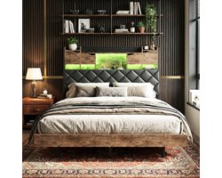 ADFBL Zwevend Bed 140x200 Industrieel - Bedframe met Opbergruimte, LED-Verlichting & Laadstation (USB-C) | Rustiek Bruin