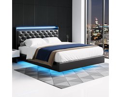 ADFBL Zwevend Bed 140x200 Zwart - Ottomaans Bed met LED & USB-C | Opberg-Hoofdbord PU Leer