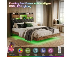 ADFBL Zwevend Bed 160x200 Industrieel - Bedframe met Opbergruimte, LED-Verlichting & Laadstation (USB-C) | Rustiek Bruin