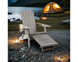 Adirondack Lounge Stoel met Voetenbank – 89x76,5x91 cm – Inklapbare Relaxstoel met Bekerhouder – Weerbestendige Kunststof Tuinstoel Houtlook –Lichtgrijs– Urbanhome