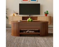 Adjustable Lift-Top Coffee Table — Featuring Curved Wooden Side Panels and Pull-Out Storage Shelf — Multifunctional Living Room Furniture — Natural Walnut Finish