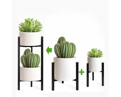 Adjustable Plant Stand for Indoor and Outdoor Use - 2 Layers, Metal Flower Stand for 20-30cm Plant Pot Sizes, 66cm High, Black Square - 2 Pieces