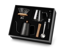 Adore Maison Barista - Pour Over Koffie Set – 6-delige Handmatige Koffiezet Set – Glazen Dripper met Houten Ring - 600 ml Serverkan - Gooseneck Waterkoker - Filters, Lepel & Thermometer