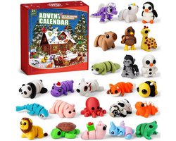 adventskalender 2026 - meerkleurig - pla materiaal 3D- 33x23x5 cm - 24 stuks beweegbare minidieren - kerst aftelkalender - fidget speelgoed - kerstcadeau voor kinderen
