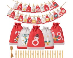 Adventskalender - 24 stoffen vakken - 10 x 15 cm - DIY kerstkalender - Hangende vakken - 10 m ophangkoord - Geschikt voor kinderen, vrouwen en mannen - Kerstversiering - Kan snoep/chocolade/kleine cadeautjes bevatten
