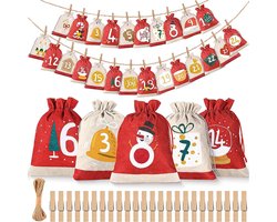 Adventskalender - 24 stoffen vakken - 24 clips met henneptouw - 10 x 15 cm - DIY kerstkalender - Hangende vakken - 10 m ophangkoord - Geschikt voor kinderen, vrouwen en mannen - Kerstversiering - Kan snoep/chocolade/kleine cadeautjes bevatten