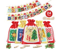 Adventskalender om te vullen 2025 voor kinderen, vrouwen en mannen, grote adventskalender 18 x 13 cm om zelf te vullen van stof, kerstkalender om te vullen DIY adventskalender zakjes met clips en