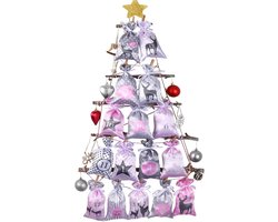 Adventskalender om te vullen, kerstkalender om zelf te vullen, op te hangen met roze grijze stoffen zakjes, 24 stoffen zakjes, groot (12 x 20 cm), ketting om zelf te knutselen, voor kinderen,