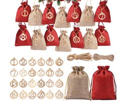Adventskalender om te vullen, XXL, doe-het-zelf set, 24 stoffen zakjes, groot en klein, rood en beige natuur, houten hanger, cijfers, koord, jute zakjes, herbruikbaar