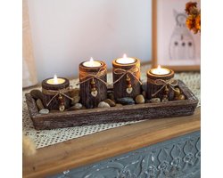 Adventskrans houten kandelaar herfst decoratie - kandelaar set met dienblad voor tafeldecoratie herfst decoratie - kaarsen boho kandelaar voor adventskrans - eettafel vensterbank interieur decoratie