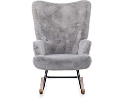 Aemely Schommelstoel Mama – Grijs imitatiebont – Hout en staal - Schommelstoel babykamer - Fauteuil - Hoge rugleuning