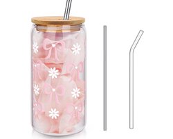 Aesthetic Clean Girl Drinkglas met Deksel en Rietje - Glas met Roze Strik - Glasrietje - Metalen Rietje en Schoonmaakborstel