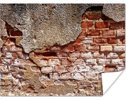 Afbeelding van vernietigd beton en een muur van bakstenen De scheuren in het beton hebben een robuuste uitstraling 40x30 cm - klein - Foto print op Poster (wanddecoratie woonkamer / slaapkamer)