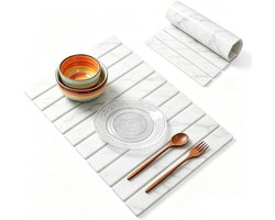 Afdruipmat servies, 60 x 40 cm, waterabsorberende kiezelgoer, mat, keuken, opvouwbare stenen droogmat voor gootsteen, hittebestendig, lekmat, kiezelgoer voor koffiezetapparaat, kopjes, wit marmer