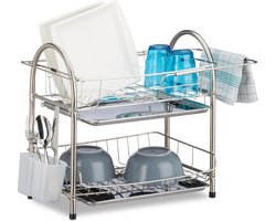 Afdruiprek 2 etages droogrek - bestekhouder - afwasrek van roestvrij staal - afmetingen: 395 x 60 x 28 cm - zilver