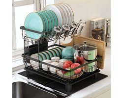 Afdruiprek 2-laags - Afdruiprek Keuken met Lekbak - Serviesrek Zwart - Afwasrek met Bestekhouder, Utensilienhouder en Draaiende Uitloop - Ruimtebesparend Droogrek Servies
