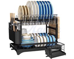 Afdruiprek 2-Laags met Lekbak en Bestekhouder – Zwart – Vaatdroger Keuken – Bordenrek, Serviesrek & Glashouder – Afwasrek Metaal – 72326