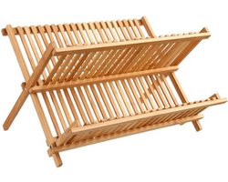 Afdruiprek - Afdruiprekje van bamboe hout - 45 x 24.5 x 26 cm - 2 etages - 20 vierkanten - Afdruiprek voor afwas - Vaatwasrek - Keukenrek - Inklapbaar - Opvouwbaar - afdruiprek borden - inklapbaar -bamboe - bordenrek - keuken