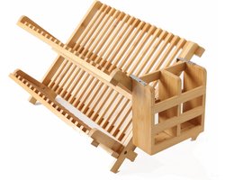 Afdruiprek voor Afwas - Bamboe - Hout - Inklapbaar Afdruiprek - Afwasrekje inclusief bestekhouder - Afwas Druiprek