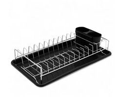 Afdruiprek Zwart met Lekbak en Bestekhouder – Compact RVS Afwasrek voor Borden, Glazen, Mokken en Servies – 38 x 24,5 x 10,5 cm – MH-8075W