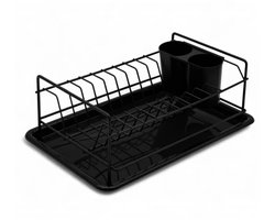 Afdruiprek Zwart met Lekbak en Bestekhouder – RVS Afwasrek voor Borden, Glazen, Mokken en Servies – 37 x 24 x 13 cm – MH-A1290
