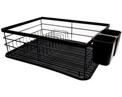 Afdruiprek Zwart met Lekbak en Bestekhouder – RVS Afwasrek voor Borden, Glazen, Mokken en Servies – 43 x 32 x 14,5 cm – MH-8097