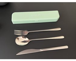 Afecto bestekset to go in groene opbergbox - RVS- lepel - vork -mes - reisbestek in handige meeneem verpakking - ideaal voor vakantie- werk of onderweg