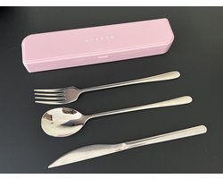 Afecto bestekset to go in roze opbergbox - RVS- lepel - vork -mes - reisbestek in handige meeneem verpakking - ideaal voor vakantie- werk of onderweg