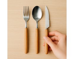 Afecto Bestekset To Go van RVS met houten handvat – 3-delig (lepel, vork, mes) – inclusief handige meeneemverpakking. Ideaal voor werk, vakantie en onderweg.