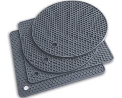 Afecto Pannenonderzetter Hittebestendig - Onderzetters voor Pannen - onderzetters voor glazen - Siliconen Mat - Pannenlappen en Ovenwanten - Pot open maken - Afgiethulp - Vierkant - Kleur: grijs - 4 Stuks