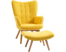 Afmetingen 72x80x101cm Geel Relaxstoel Loungestoel Oorfauteuil met Voetenbank Armleuningstoel Cord-Optiek Houten Poten Comfortabele Relaxfauteuil Televisiezetel Woonkamer Slaapkamer Ontspanningsstoel Belastbaar tot 150kg