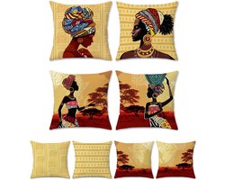 Afrikaanse Vrouwen Kussenslopen 45 x 45 cm Dubbelzijdige Tribal Etnische Zwarte Meisjes Decoratieve Accent Sierkussenslopen Polyester Linnen Kussenslopen voor Slaapbank Thuis Patio Decor Set