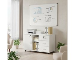 Afsluitbare archiefkast met 3 lades - 2 open vakken en 1 deur – Afsluitbare bureaukast op 4 wielen – Houten onderkast – Mobiele rolkast - Wit