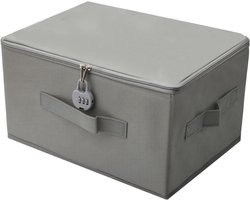 Afsluitbare box - opbergdoos met deksel - stoffen karton met cijferslot - opslag voor medicijnen - kist voor kleding en speelgoed - grijs - 35 x 22 x 17,5 cm