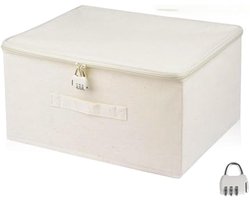 Afsluitbare doos, afsluitbare doos met slot, opbergdoos stof met deksel, afsluitbare kist voor kleding, speelgoed, beige, 30 x 20 x 14 cm
