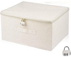 Afsluitbare opbergdoos met slot - beige - katoenen kist - 30 x 20 x 14 cm