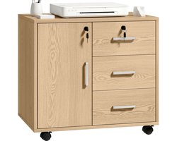 Afsluitbare opbergkast/kantoorkast met 3 lades en verstelbare plank - wielen - 40 x 60 x 56 cm - lichtbruin